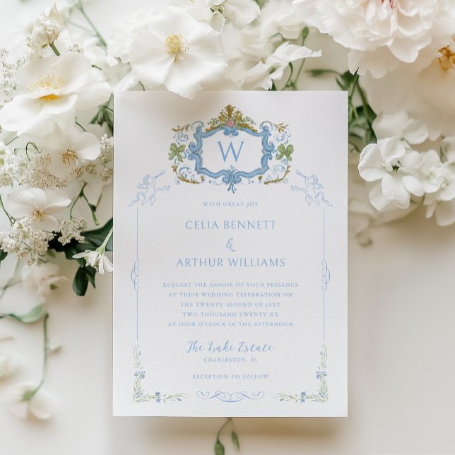 Rococo Blue Monogram Crest Wedding Invitation (Creator Uploaded)