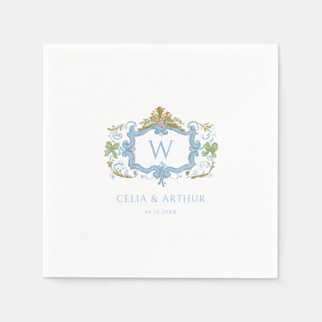 Rococo Blue Monogram Crest Wedding  Napkins (Front)