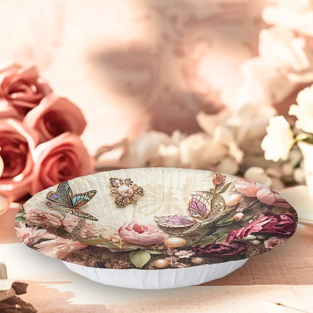 Rococo Butterfly Garden Galentine Floral Elegance Paper Bowls (Creator Uploaded)
