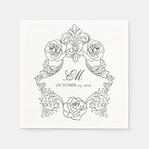 Rococo Crest Monogram Black  White Wedding Logo Napkins