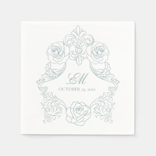 Rococo Crest Monogram Dusty Blue Wedding Logo Napkins