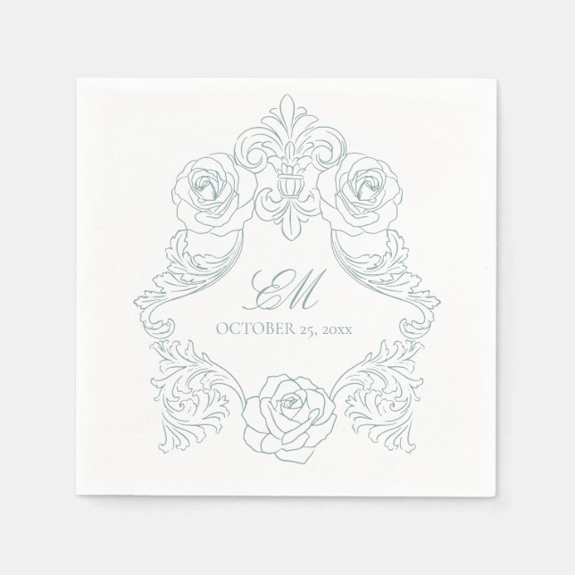 Rococo Crest Monogram Dusty Blue Wedding Logo Napkins (Front)