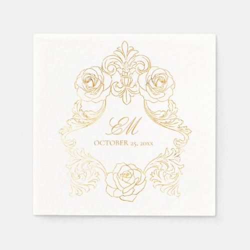 Rococo Crest Monogram Golden Foil Wedding Logo  Napkins