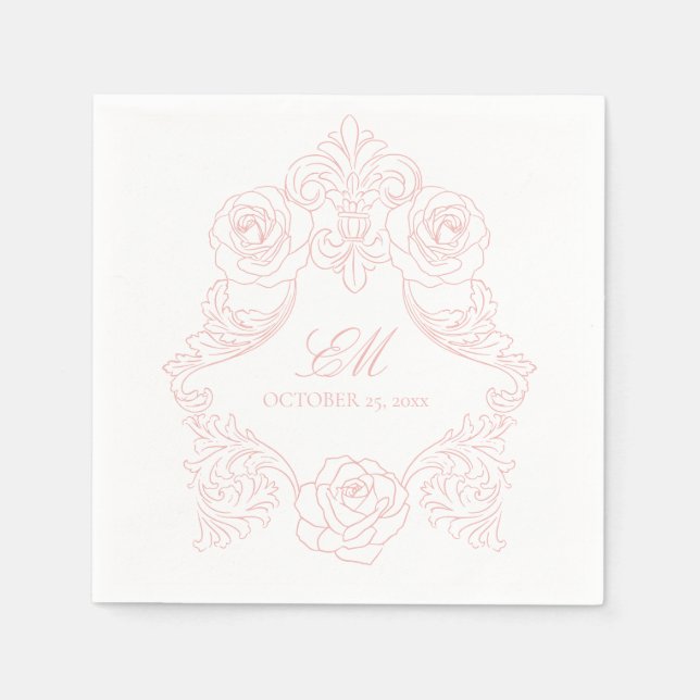 Rococo Crest Monogram Pink Wedding Logo Napkins (Front)
