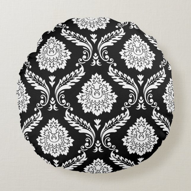 Rococo Damask 2Way Big Pattern BW Round Pillow (Front)