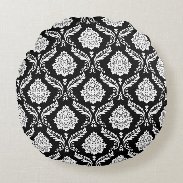 Rococo Damask 2Way Pattern Black+White Round Pillow (Front)