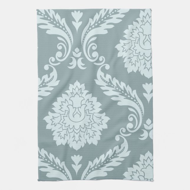 Rococo Damask Art I Duck Egg Blue+Teal Kitchen Towel (Vertical)