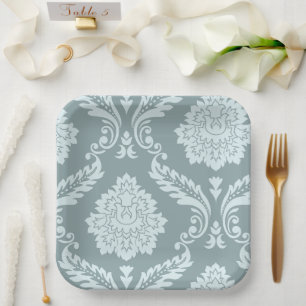 Rococo Damask Art I Duck Egg Blue+Teal Paper Plates