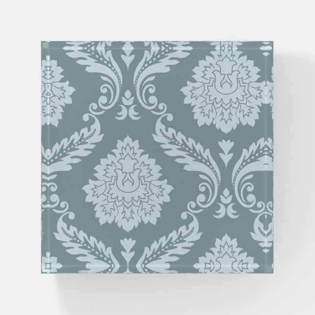 Rococo Damask Art I Duck Egg Blue+Teal Paperweight (Front)