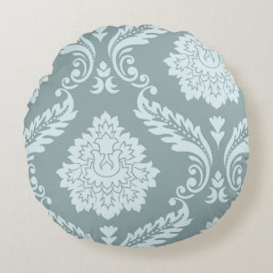 Rococo Damask Art I Duck Egg Blue+Teal Round Pillow