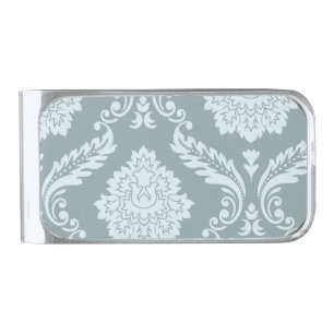 Rococo Damask Art I Duck Egg Blue+Teal Silver Finish Money Clip