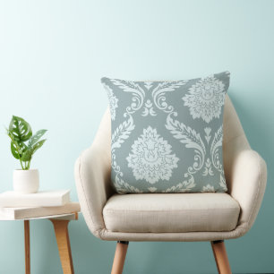 Rococo Damask Art I Duck Egg Blue+Teal Throw Pillow