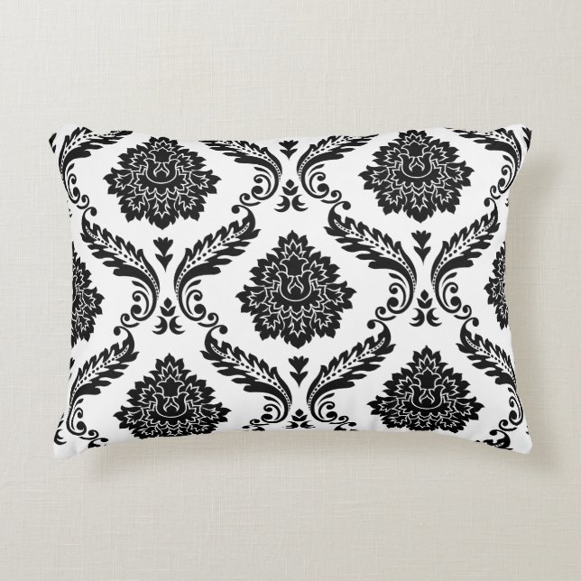 Rococo Damask Big Pattern Black on White Accent Pillow (Front)