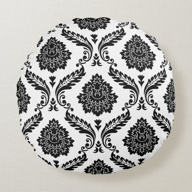 Rococo Damask Big Pattern Black on White Round Pillow (Front)