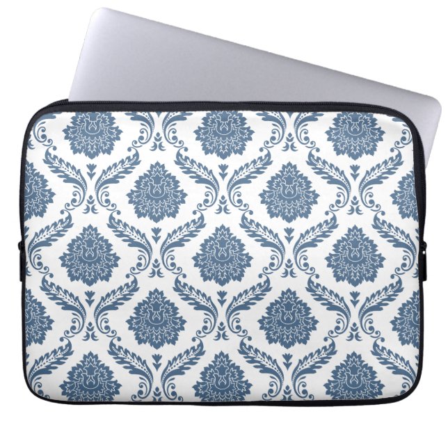Rococo Damask Big Pattern Blue on White Laptop Sleeve (Front)