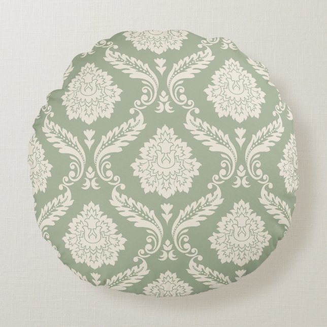 Rococo Damask Big Pattern Cream on Green Round Pillow (Front)