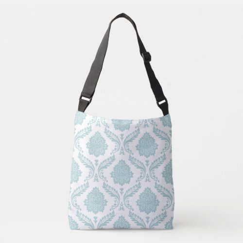 Rococo Damask Big Pattern Duck Egg Blue on White Crossbody Bag