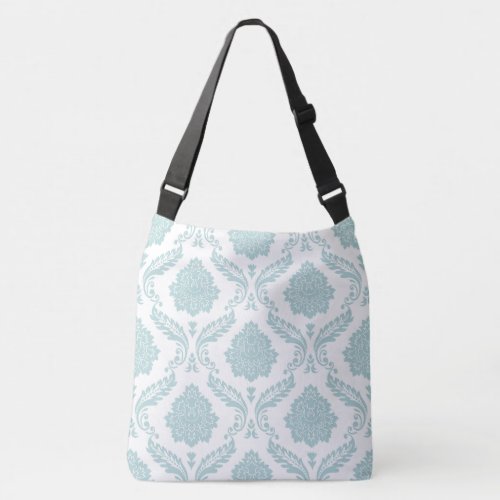 Rococo Damask Big Pattern Duck Egg Blue on White Crossbody Bag