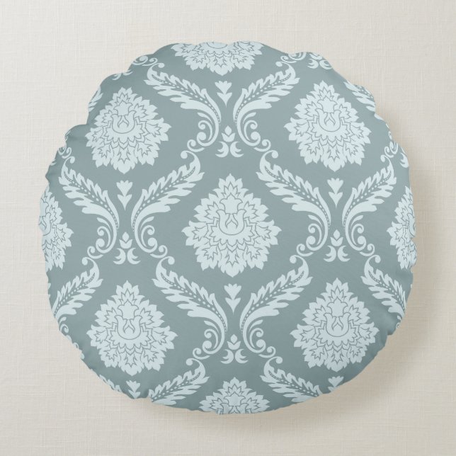 Rococo Damask Big Pattern Duck Egg Blue+Teal Round Pillow (Front)