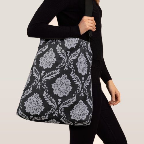 Rococo Damask Big Pattern Gray on Black Crossbody Bag