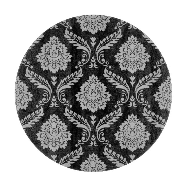 Rococo Damask Big Pattern Gray on Black Cutting Board (Front)