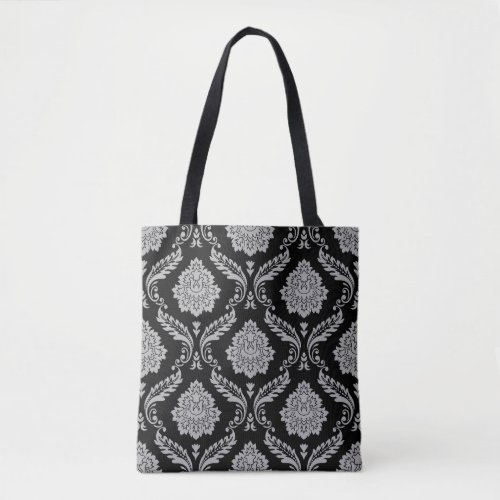 Rococo Damask Big Pattern Gray on Black Tote Bag