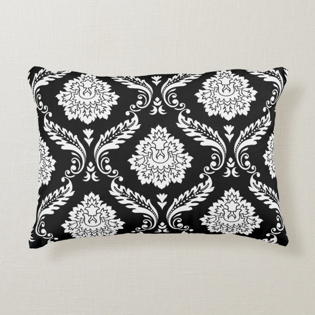 Rococo Damask Big Pattern White on Black Accent Pillow (Front)