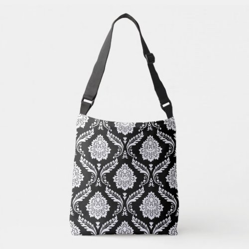 Rococo Damask Big Pattern White on Black Crossbody Bag
