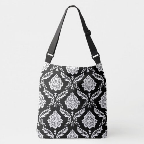 Rococo Damask Big Pattern White on Black Crossbody Bag