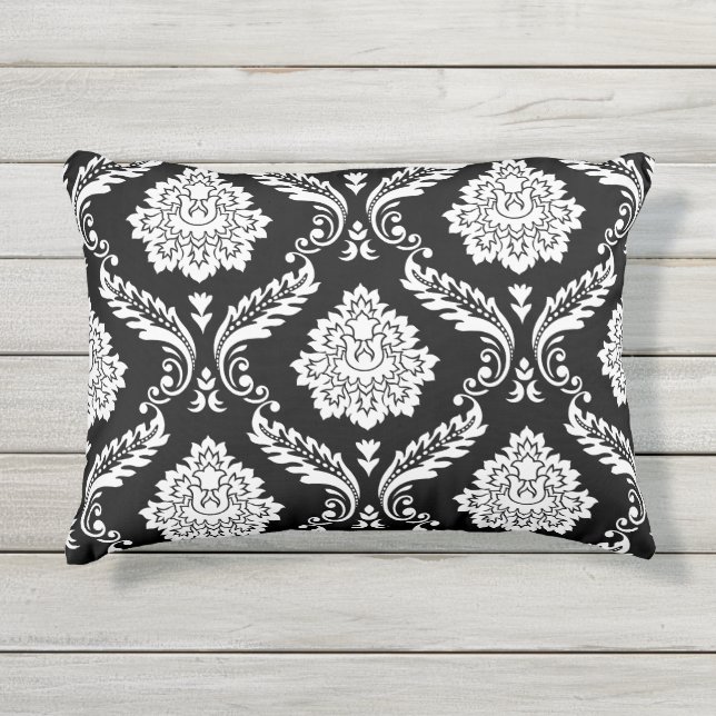 Rococo Damask Big Pattern White on Black Outdoor Pillow (Front)
