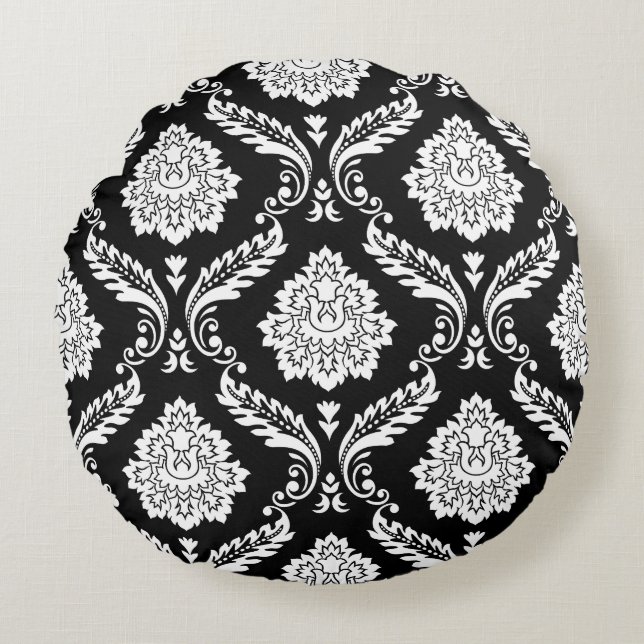 Rococo Damask Big Pattern White on Black Round Pillow (Front)