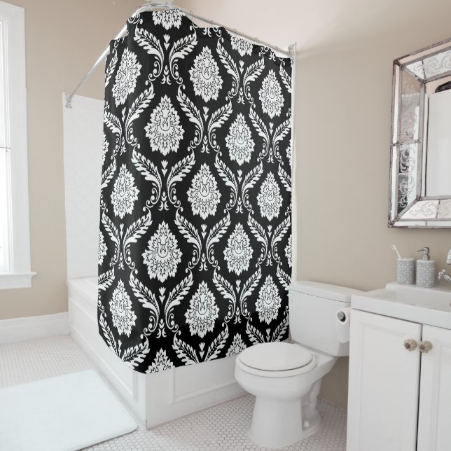 Rococo Damask Big Pattern White on Black Shower Curtain (In Situ)
