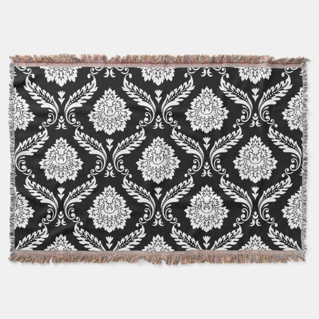 Rococo Damask Big Pattern White on Black Throw Blanket (Front)