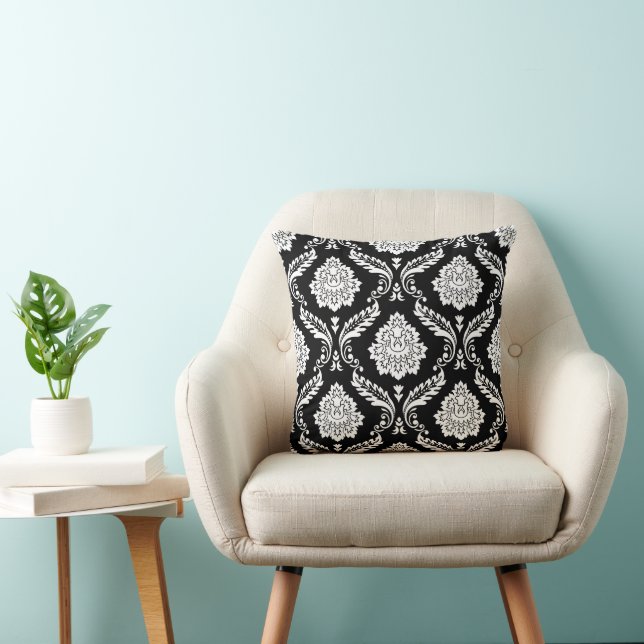 Rococo Damask Big Pattern White on Black Throw Pillow (Chair)