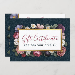 Rococo Damask & Floral Navy Gift Certificate Card
