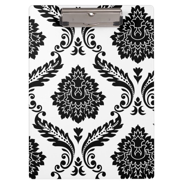 Rococo Damask Lg Off-Set Pattern Black on White Clipboard (Front)