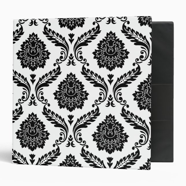 Rococo Damask Lg Pattern Black on White 3 Ring Binder (Front/Inside)