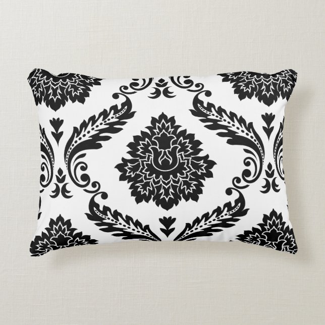 Rococo Damask Lg Pattern Black on White Accent Pillow (Front)
