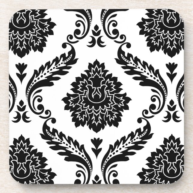 Rococo Damask Lg Pattern Black on White Beverage Coaster (Front)