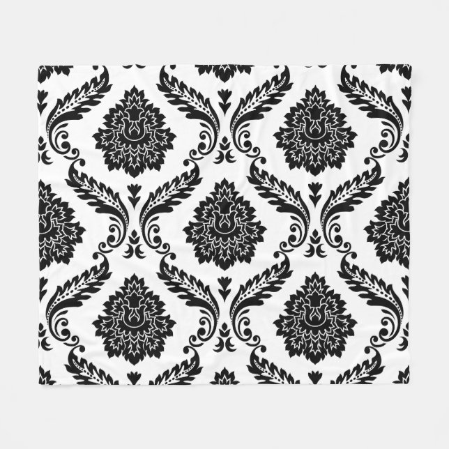 Rococo Damask Lg Pattern Black on White Fleece Blanket (Front (Horizontal))