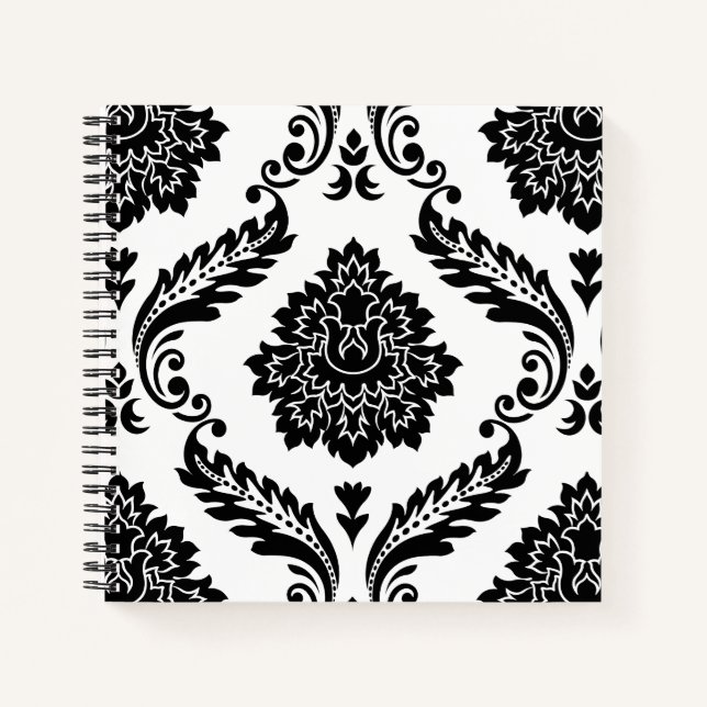 Rococo Damask Lg Pattern Black on White Notebook (Front)
