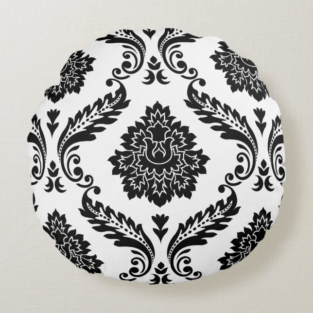 Rococo Damask Lg Pattern Black on White Round Pillow (Front)