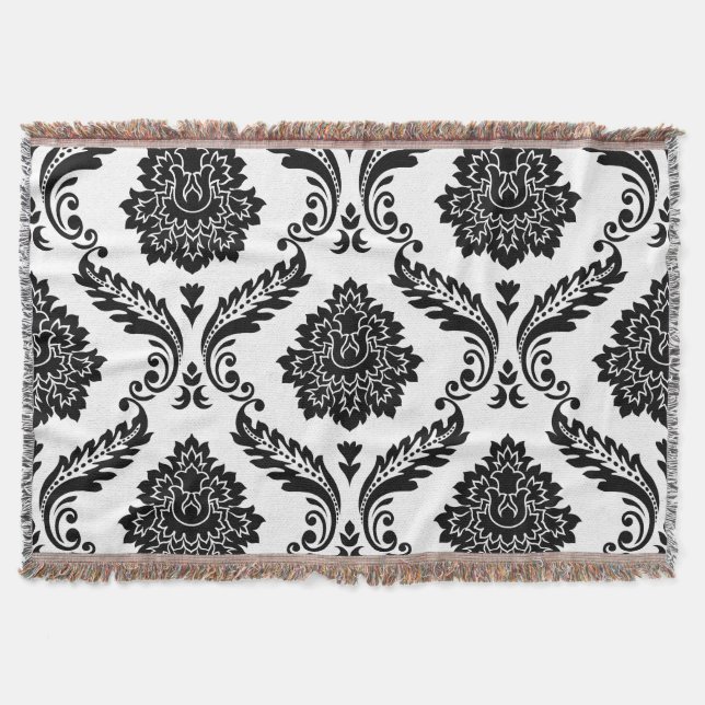 Rococo Damask Lg Pattern Black on White Throw Blanket (Front)