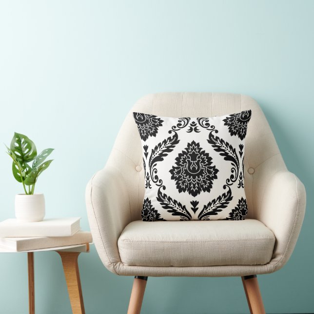 Rococo Damask Lg Pattern Black on White Throw Pillow (Chair)