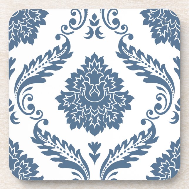 Rococo Damask Lg Pattern Blue on White Beverage Coaster (Front)