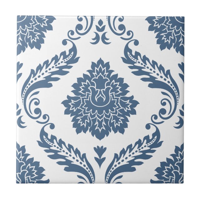 Rococo Damask Lg Pattern Blue on White Ceramic Tile (Front)