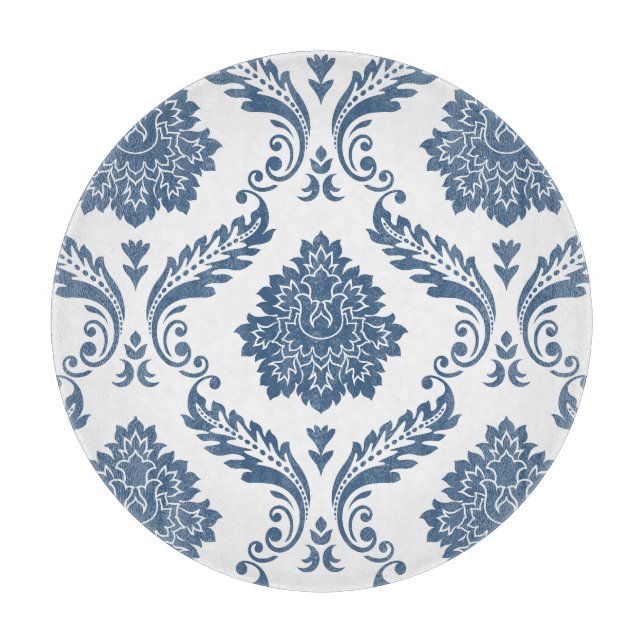 Rococo Damask Lg Pattern Blue on White Cutting Board (Front)