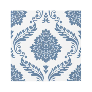 Rococo Damask Lg Pattern Blue on White Metal Print