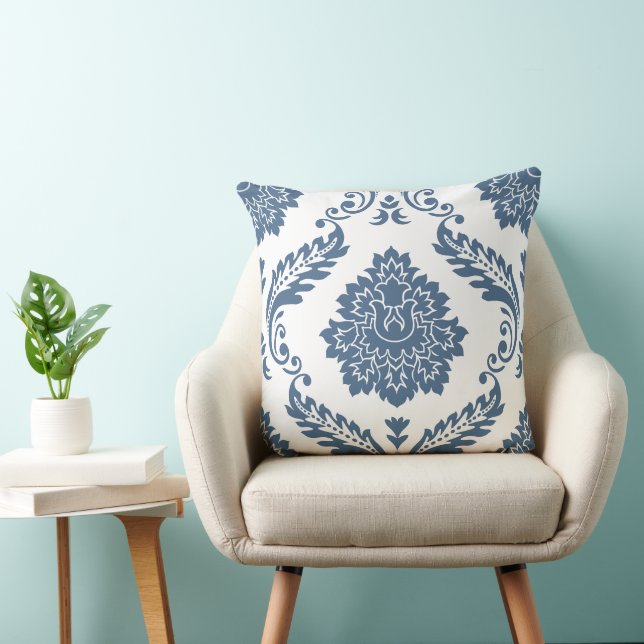 Rococo Damask Lg Pattern Blue on White Throw Pillow (Chair)