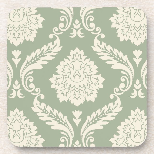 Rococo Damask Lg Pattern Cream on Green Beverage Coaster (Front)